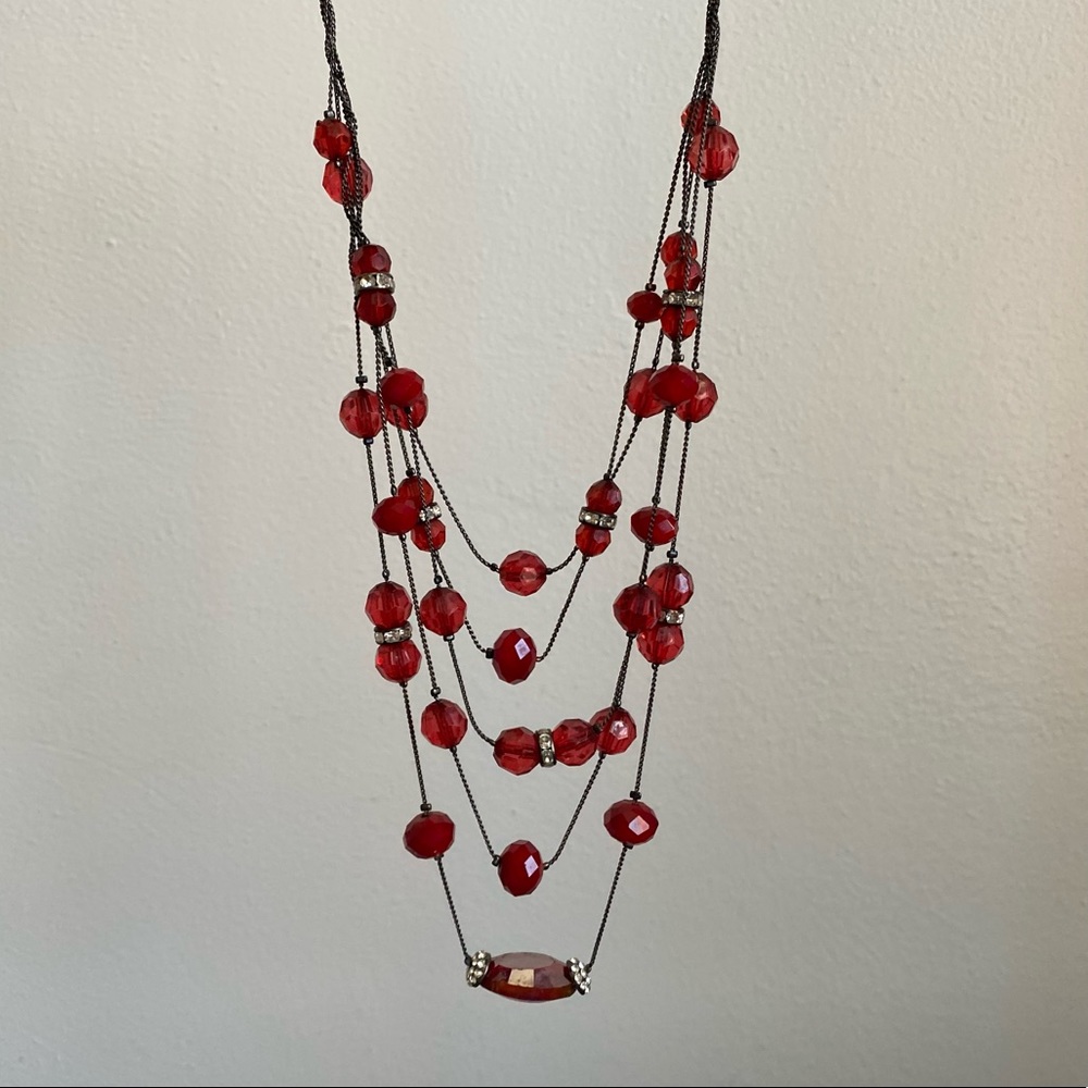 Multi Strand Red Beaded Cascading Levels Necklace.
